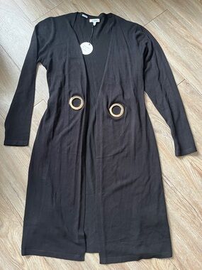 Cocoblue Black Long Open Cardigan with Gold O-Ring Accents adjustable back belt